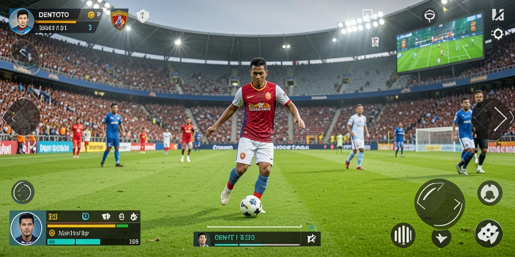 Tampilan gameplay DENTOTO yang mendebarkan saat pertandingan sepak bola.