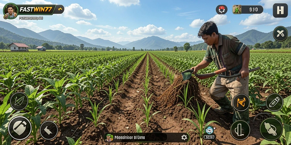 Tampilan gameplay FASTWIN77 menampilkan ladang hijau subur dan aktivitas bertani.