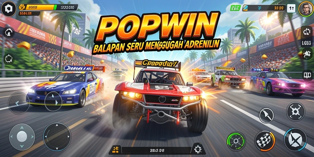 Tampilan gameplay POPWIN dengan balapan mendebarkan di trek yang beragam.