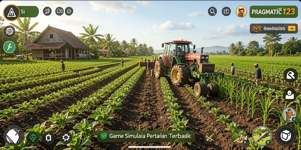 Screenshot gameplay PRAGMATIC123 menampilkan ladang yang hijau dan subur.